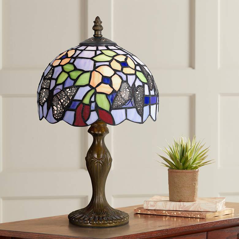 Image 1 Cal Lighting Butterfly and Flower 14 inch High Tiffany-Style Accent Lamp