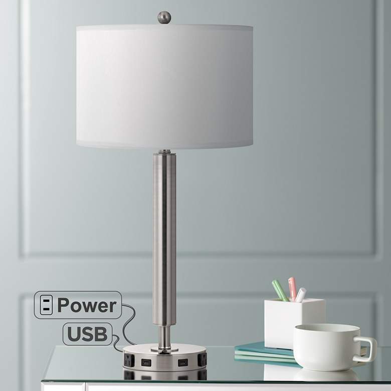 Image 1 Cal Lighting Carver 30" High Brushed Steel Power Outlet USB Table Lamp