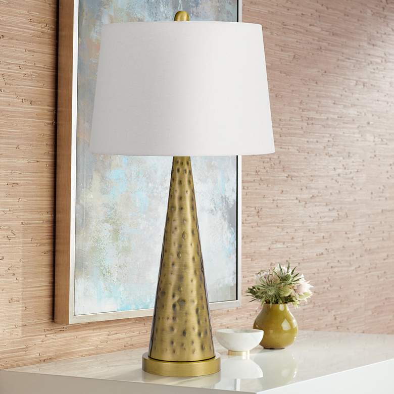 Image 1 Cal Lighting Cusago 27" Antique Brass Hammered Conical Table Lamp