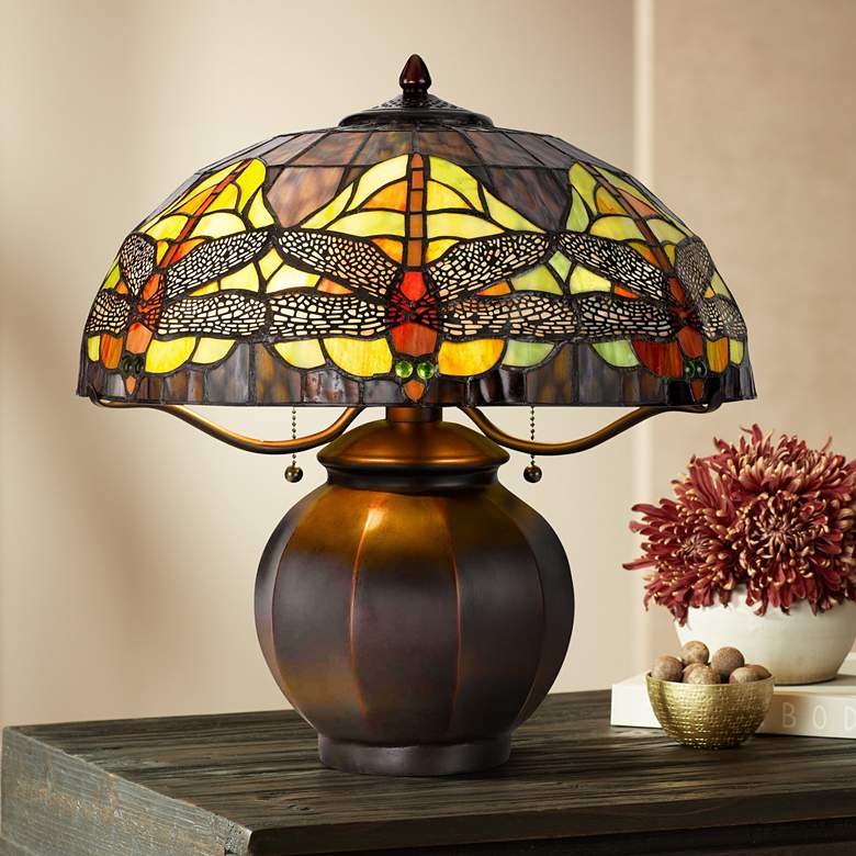 Image 1 Cal Lighting Dragon Fly 18 1/4" Bronze Tiffany-Style Glass Accent Lamp
