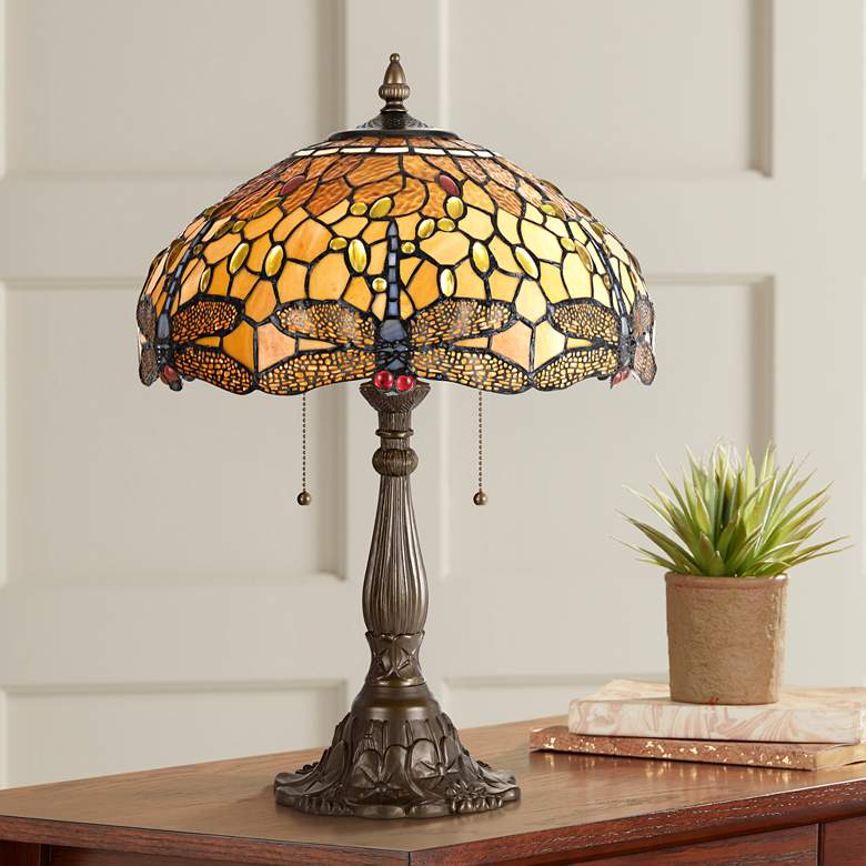 Image 1 Cal Lighting Dragonfly 23" Brass Amber Tiffany-Style Table Lamp