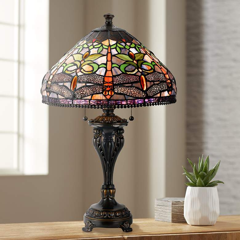 Image 1 Cal Lighting Dragonfly 26" Antique Bronze Tiffany-Style Table Lamp