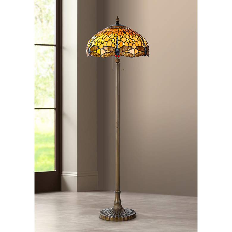 Image 1 Cal Lighting Gold Dragonfly 60" Tiffany-Style Antique Brass Floor Lamp