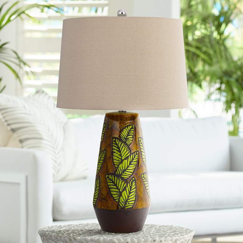 Image 1 Cal Lighting Hanson 28 1/2 inch Cocoa Leaf Print Ceramic Table Lamp