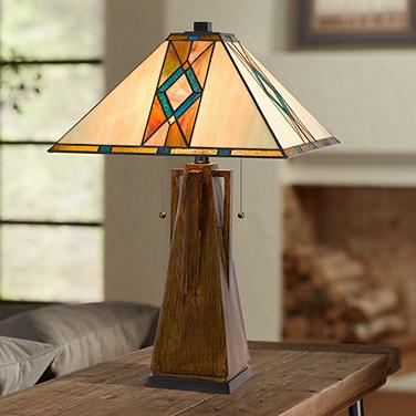 Cal Lighting Mission 25" High Faux Wood Tiffany Art Glass Table Lamp