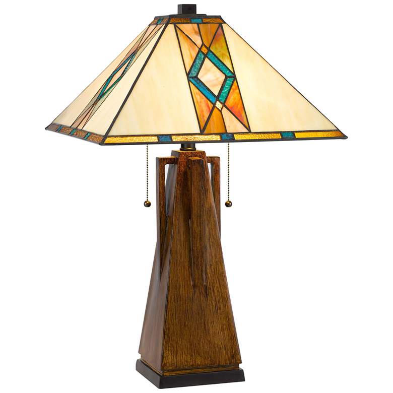 Image 2 Cal Lighting Mission 25" High Faux Wood Tiffany Art Glass Table Lamp