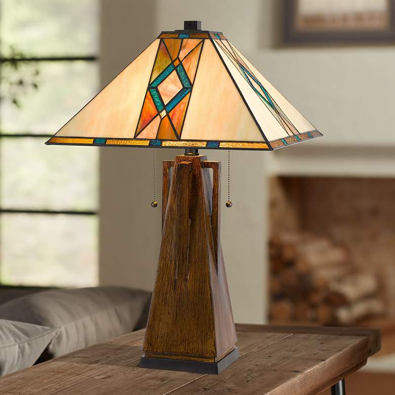 Image 1 Cal Lighting Mission 25" High Faux Wood Tiffany Art Glass Table Lamp