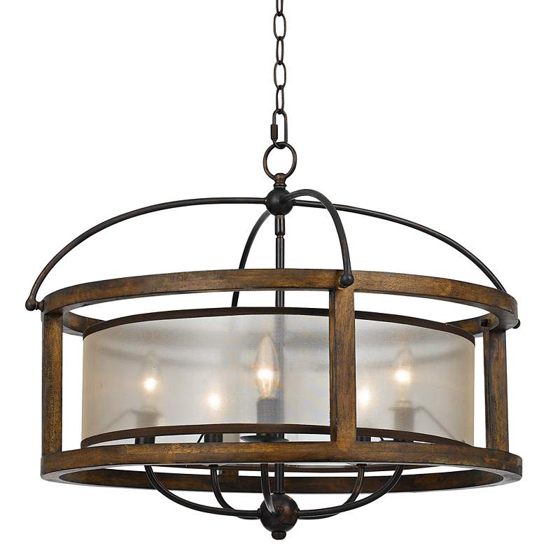Image 2 Cal Lighting Mission 26" Wide Rustic Wood 5-Light Pendant Chandelier