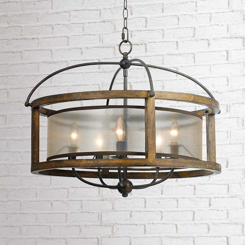 Image 1 Cal Lighting Mission 26 inch Wide Rustic Wood 5-Light Pendant Chandelier