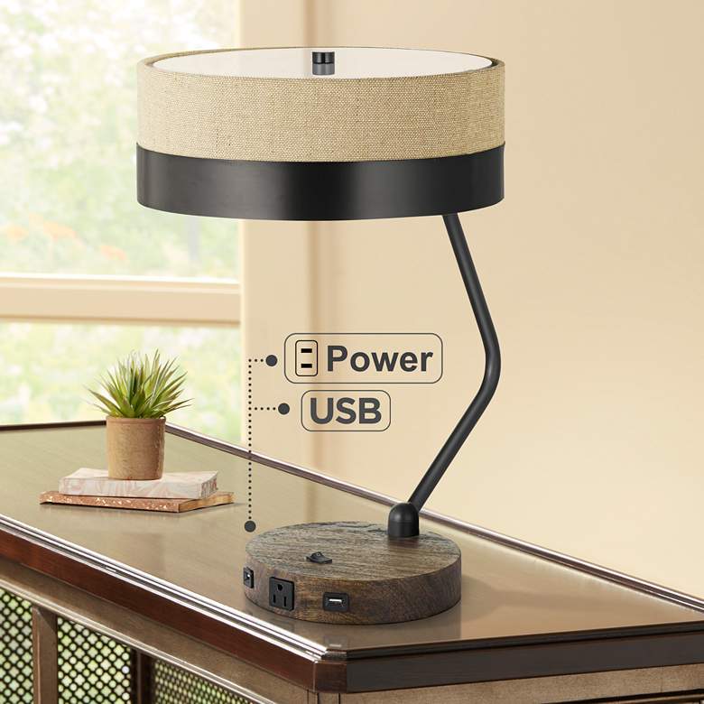 Image 1 Cal Lighting Parson 20" Wood and Black Finish Outlet and USB Desk Lamp