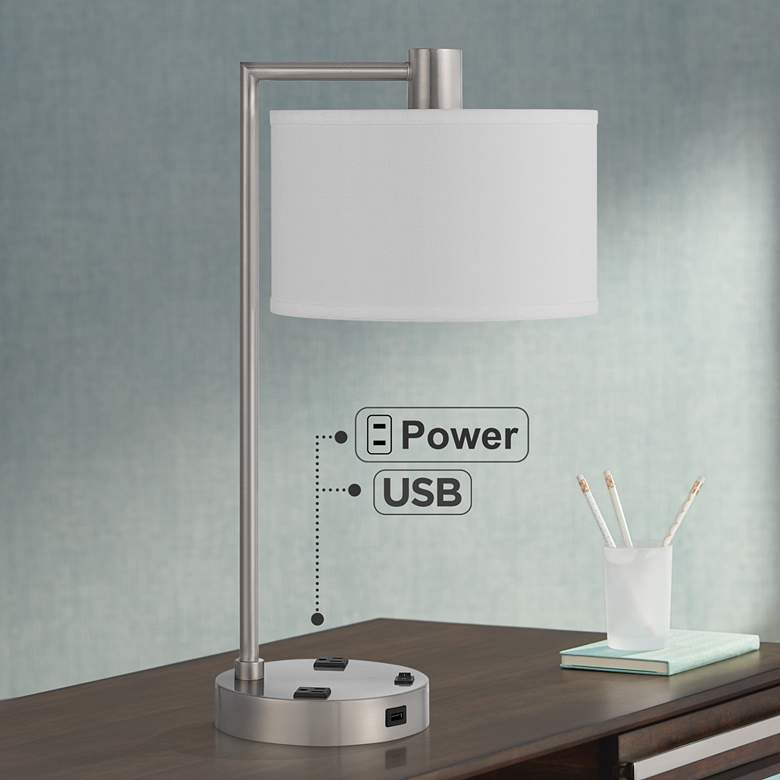 Image 1 Cal Lighting Roanne 22 inch Brushed Steel Outlets and USB Desk Lamp