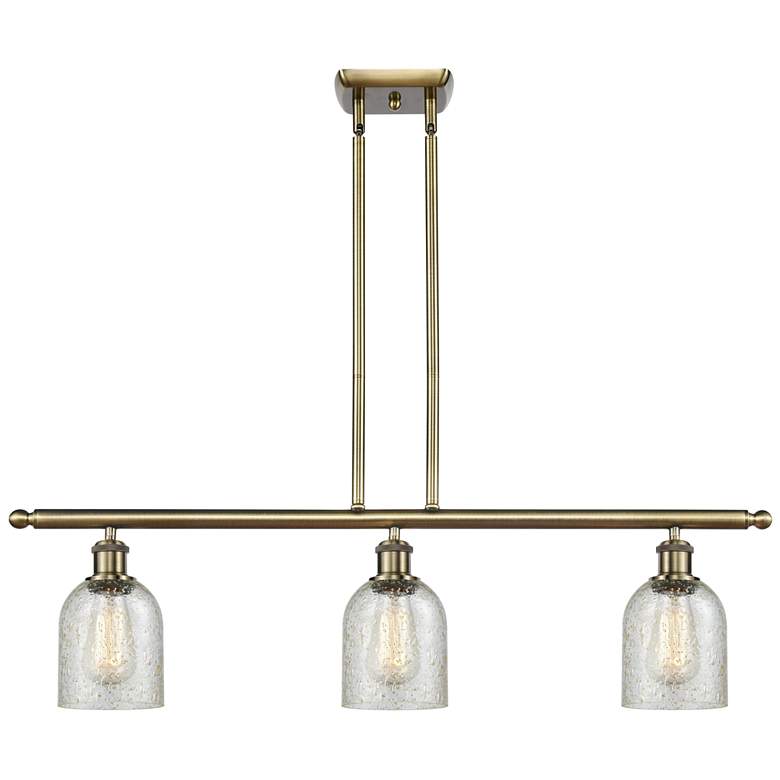 Image 1 Caledonia 36"W 3 Light Antique Brass Stem Hung Island Light w/ Mica Sh