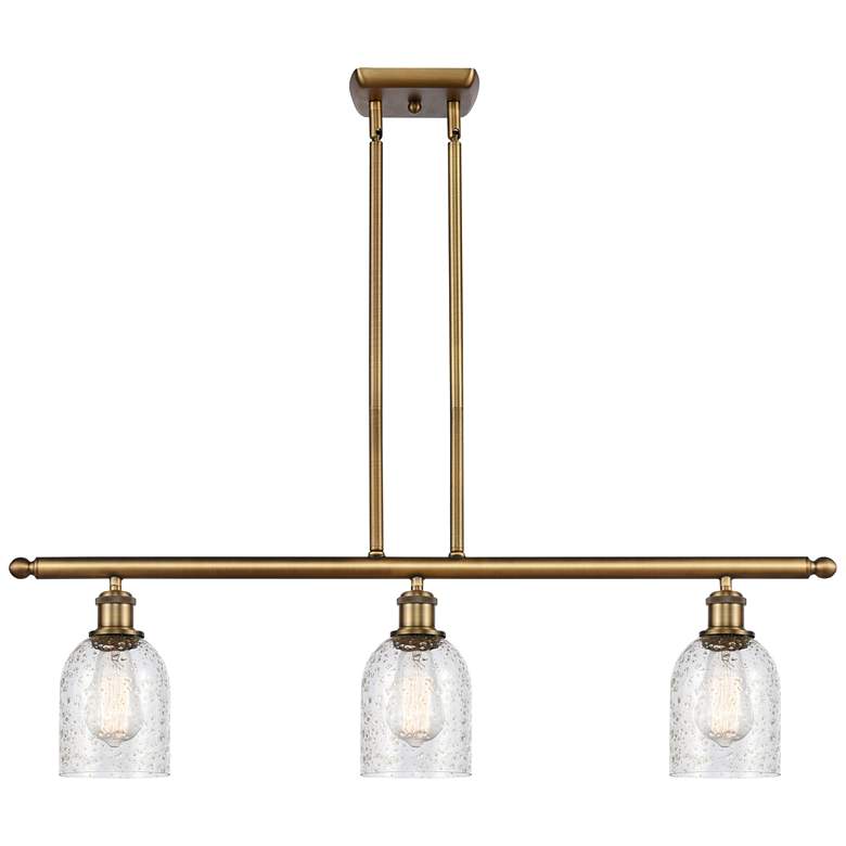 Image 1 Caledonia 36"W 3 Light Brushed Brass Stem Hung Island Light w/ Mica Sh