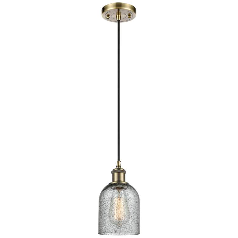 Image 1 Caledonia 5" Antique Brass Cord Hung Mini Pendant w/ Charcoal Shade