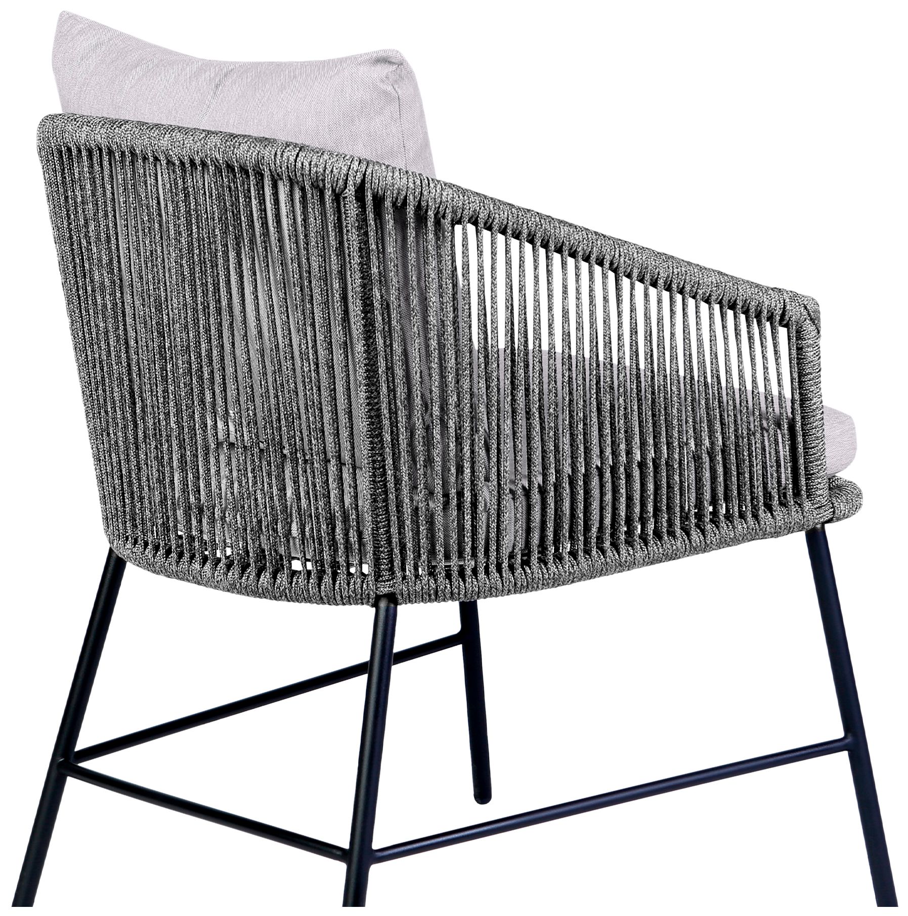 Calica Outdoor Patio Dining Chair in Black Metal and Grey Rope