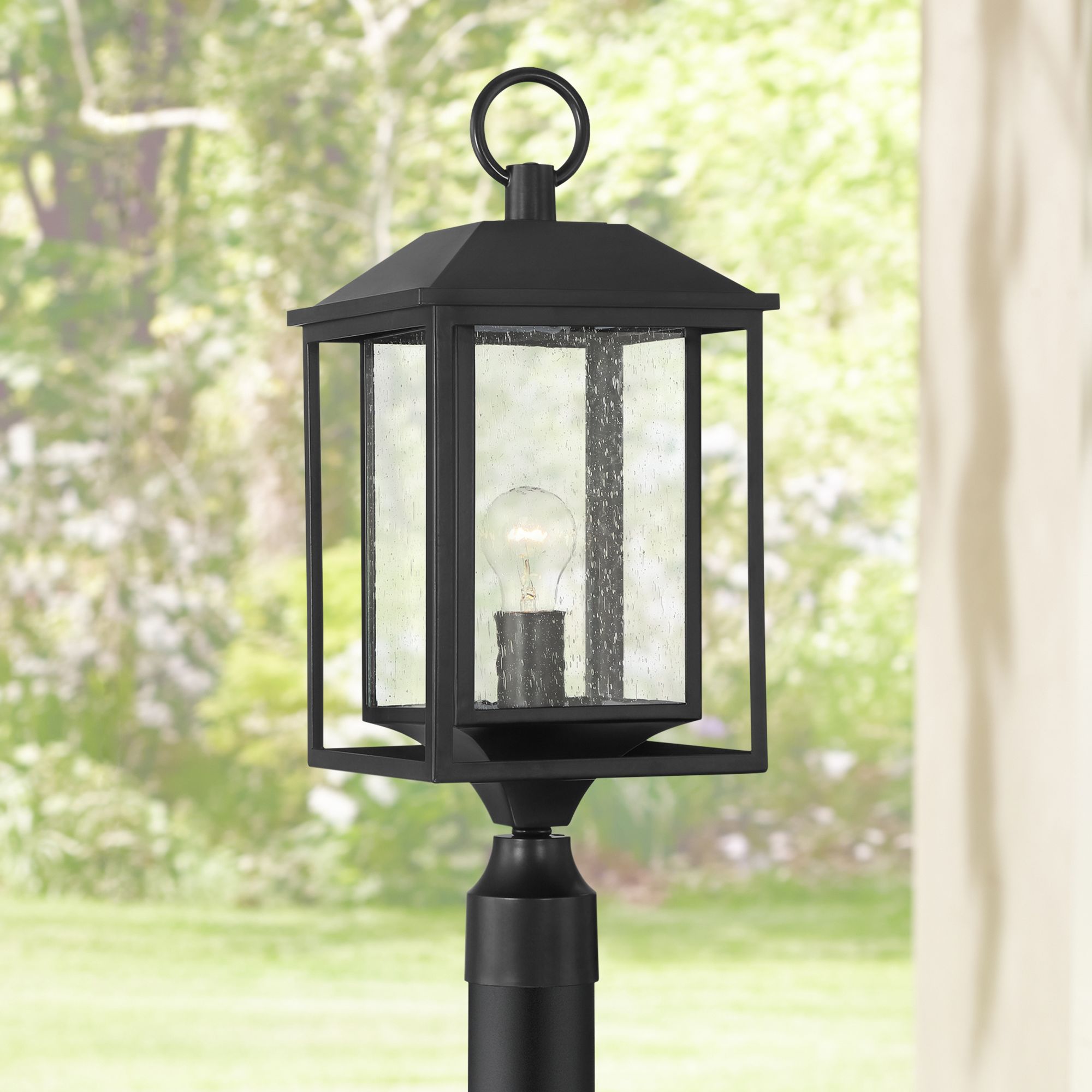 FIW 21 1 2 High SQR FRAME POST LT 1 60W BLK 784V1 Lamps Plus   Califa 21 And Three Quarter High Black And Seeded Glass Outdoor Lantern Post Light  784v1cropped 