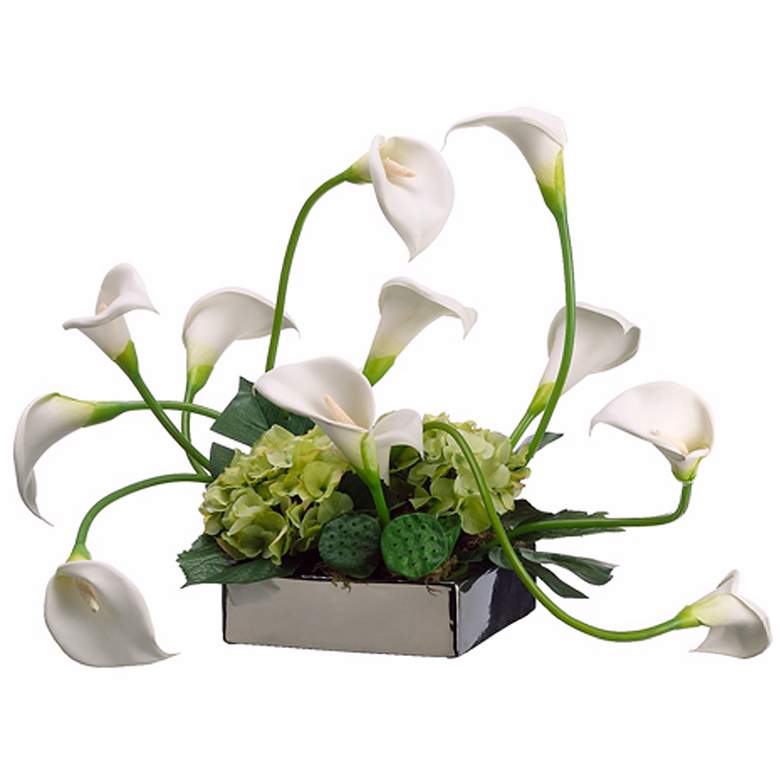 Image 1 Calla Lilies and Hydrangeas in Ceramic Dish Faux Flowers