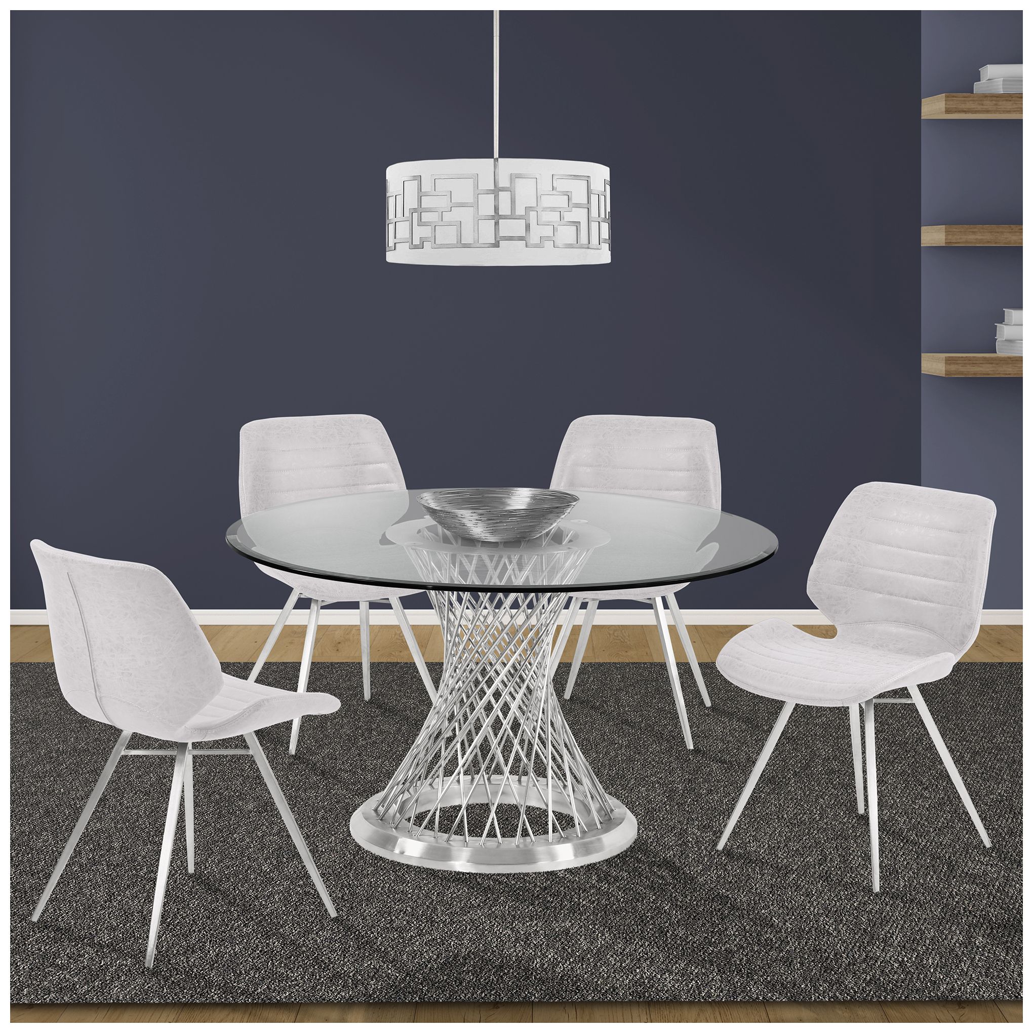 Calypso 48 in. Dining Table in Brushed Stainless Steel, Tempered Glass Top