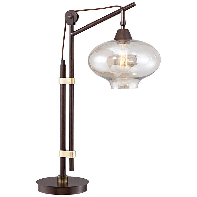 Image 2 Calyx Cognac Glass Industrial Bronze Desk Lamp with USB Dimmer