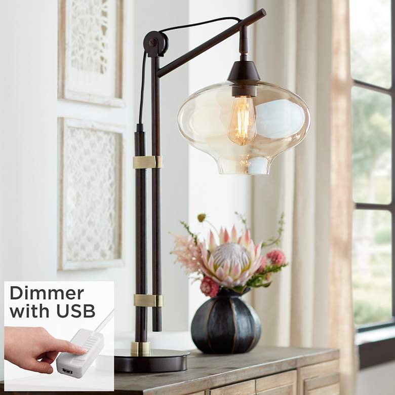 Image 1 Calyx Cognac Glass Industrial Bronze Desk Lamp with USB Dimmer