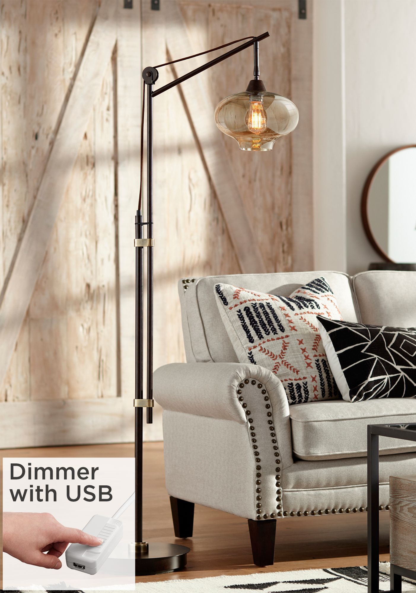 calyx cognac glass industrial bronze floor lamp