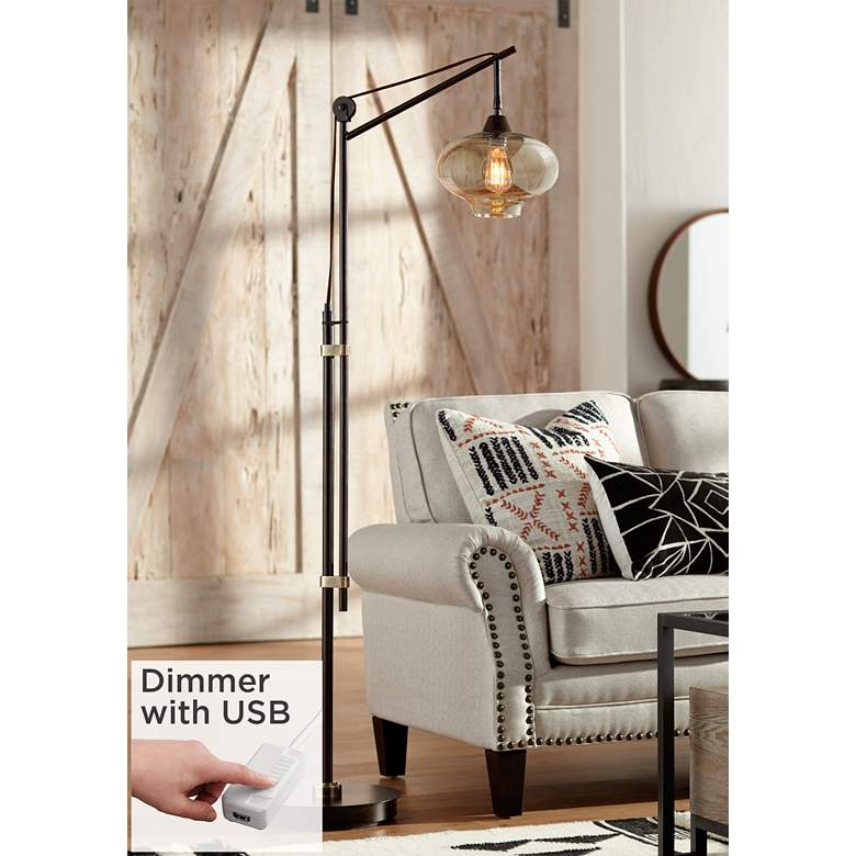 Image 1 Calyx Industrial Cognac Glass and Bronze LED Floor Lamp with USB Dimmer