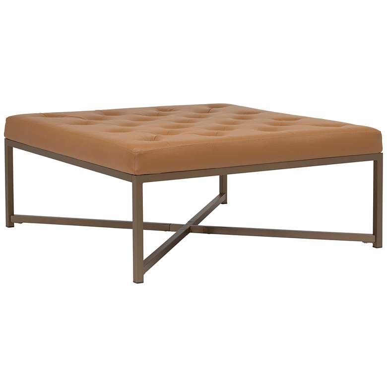 Image 1 Camber 40" Wide Caramel Leather and Bronze Steel Tufted Square Ottoman