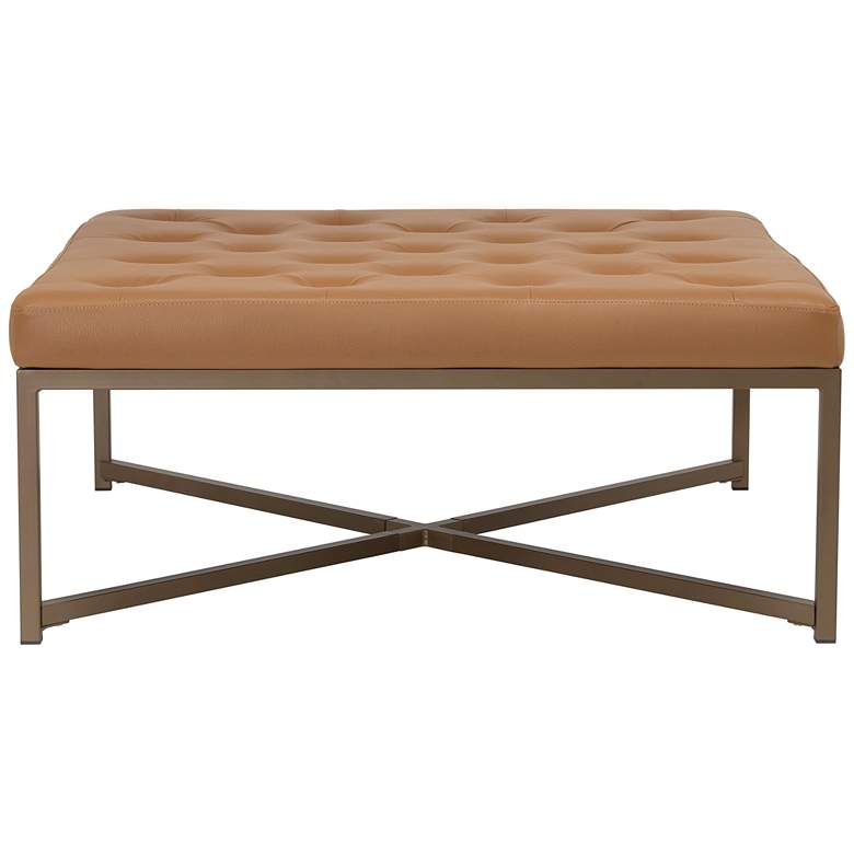 Image 6 Camber 40" Wide Caramel Leather and Bronze Steel Tufted Square Ottoman more views