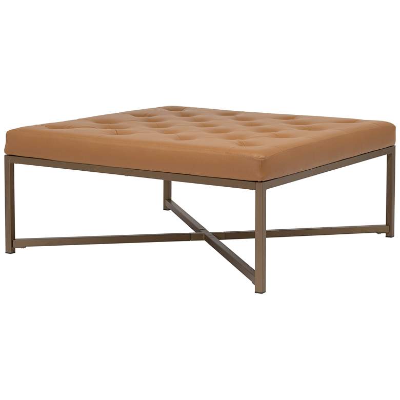 Image 7 Camber 40" Wide Caramel Leather and Bronze Steel Tufted Square Ottoman more views