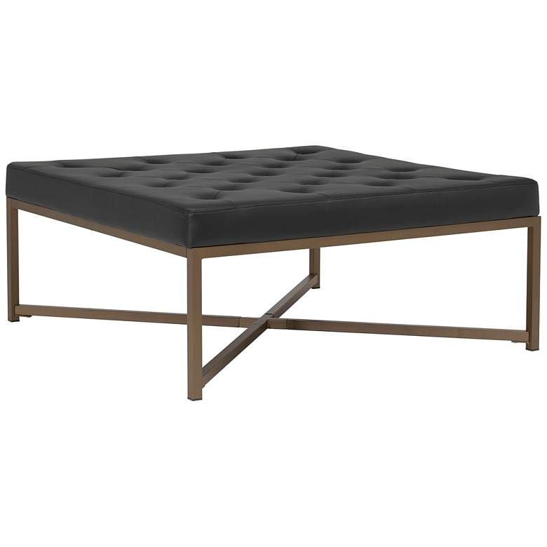 Image 1 Camber Black Leather and Bronze Steel Tufted Square Ottoman