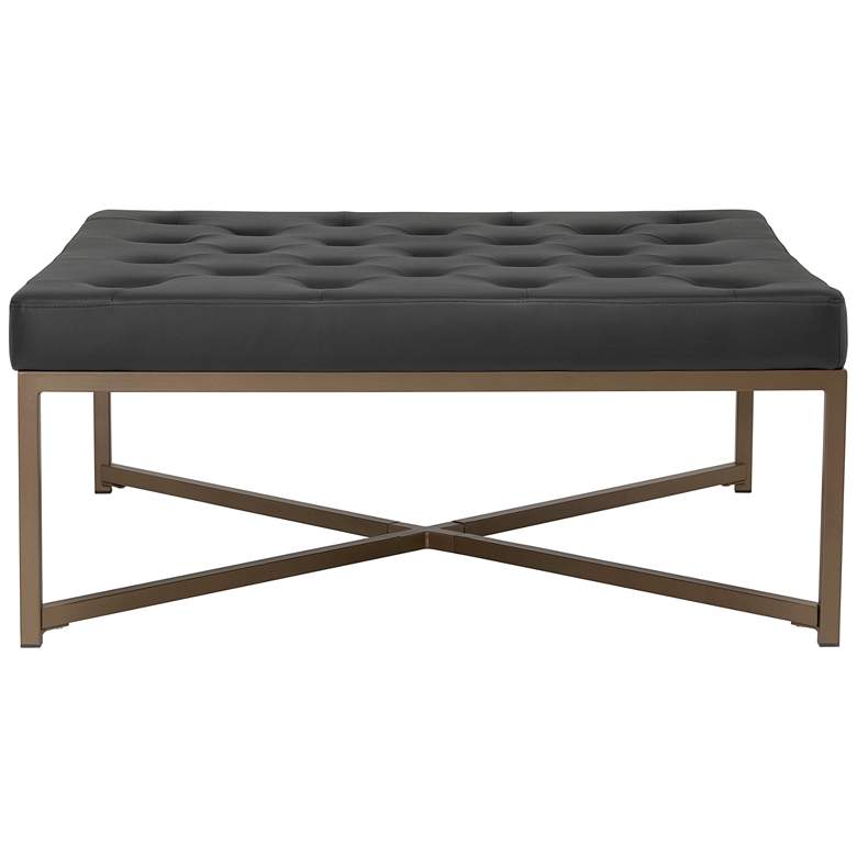 Image 6 Camber Black Leather and Bronze Steel Tufted Square Ottoman more views