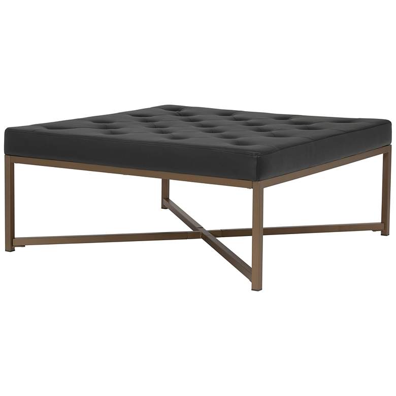 Image 7 Camber Black Leather and Bronze Steel Tufted Square Ottoman more views