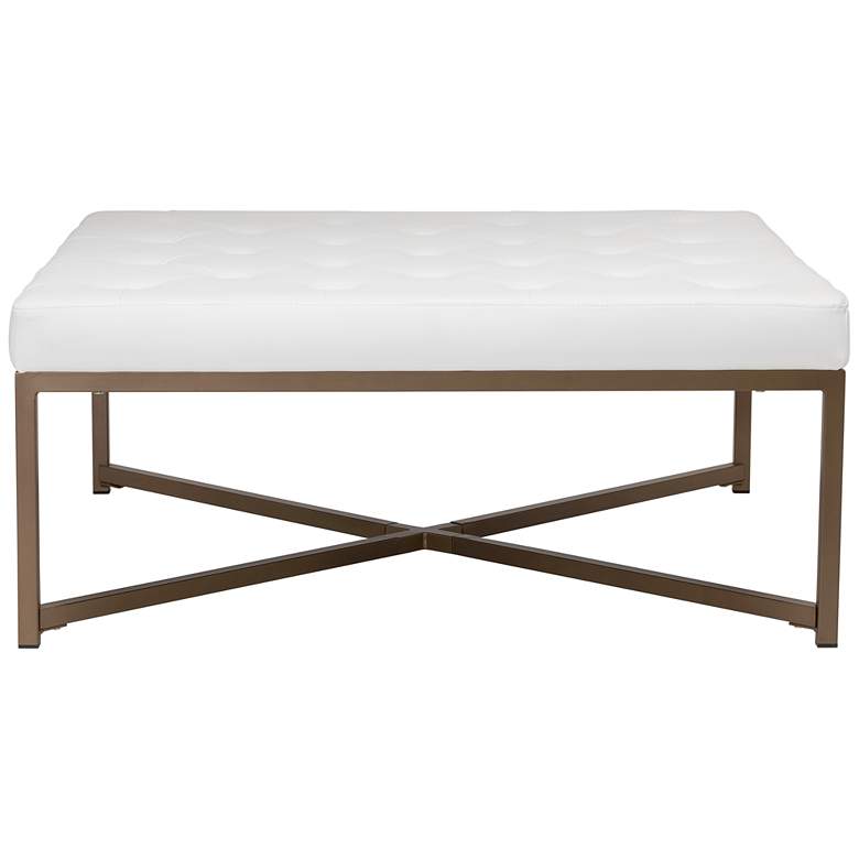 Image 6 Camber White Leather and Bronze Steel Tufted Square Ottoman more views