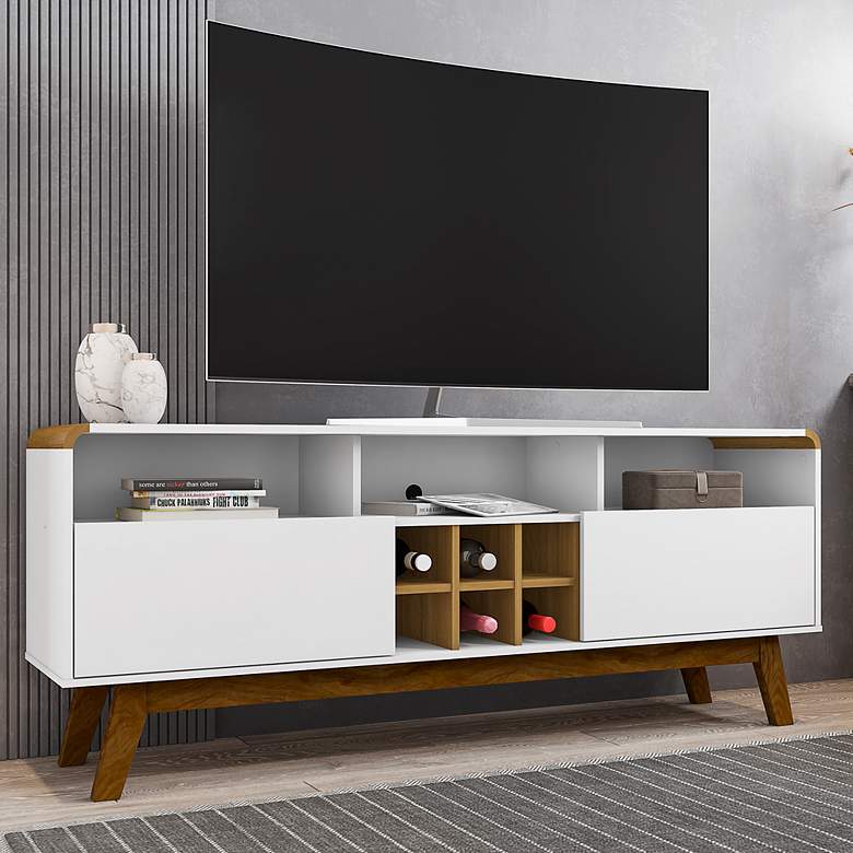 Image 1 Camberly 63 inch Wide Gloss White Cinnamon Wood 5-Shelf TV Stand