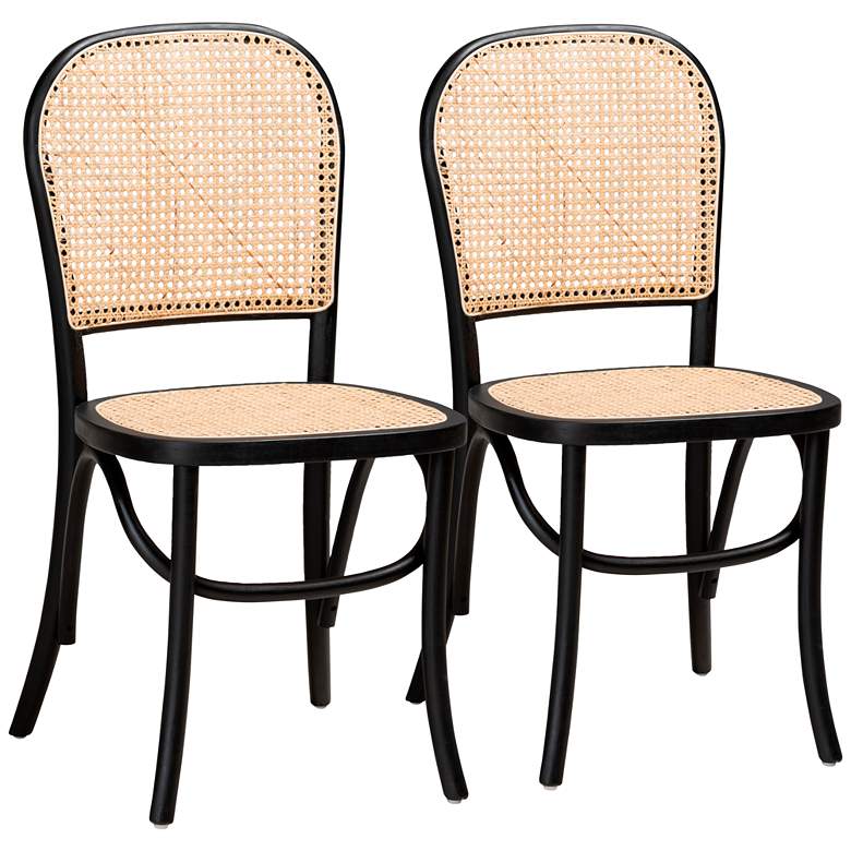 Image 2 Cambree Beige Woven Rattan Black Wood Dining Chairs Set of 2
