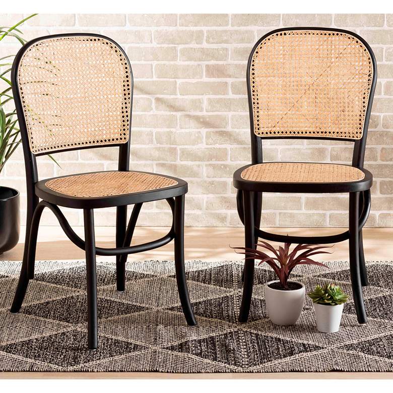 Image 1 Cambree Beige Woven Rattan Black Wood Dining Chairs Set of 2