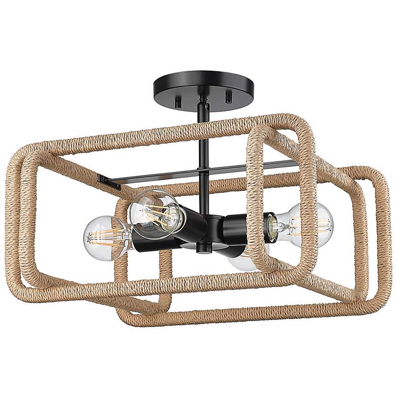 Image 1 Camden 4 Light Semi-Flush in Matte Black with Natural Raphia Rope Shade