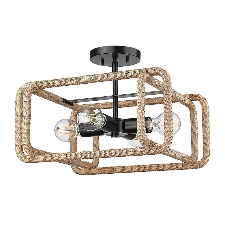Image 2 Camden 4 Light Semi-Flush in Matte Black with Natural Raphia Rope Shade more views