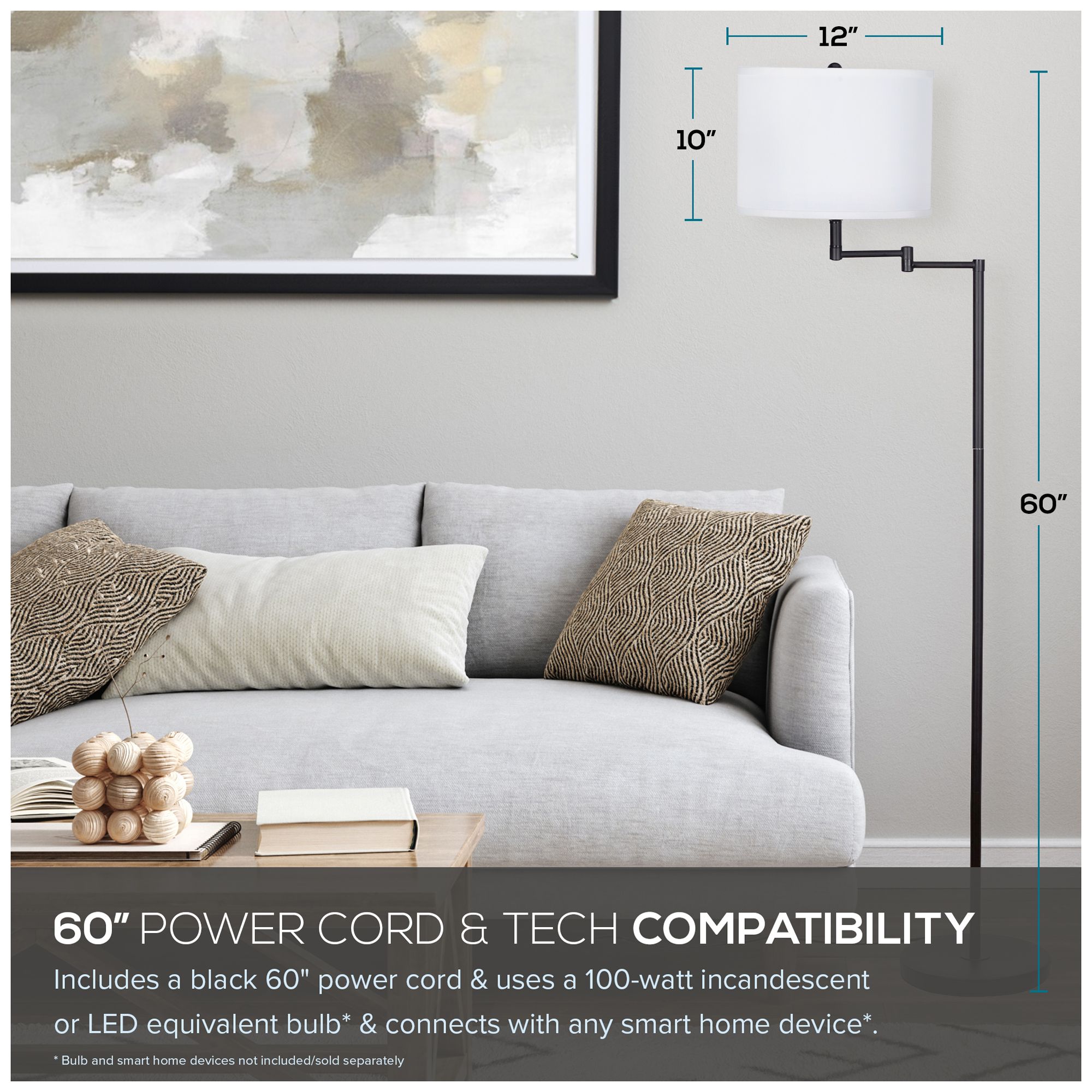 Camden 60" High Black Swing Arm Floor Lamp