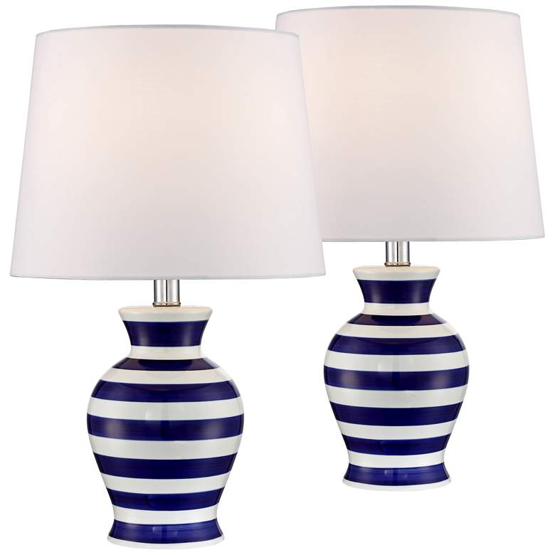 Image 1 Camden Blue and White Stripe 19 inch Ceramic Table Lamp Set of 2