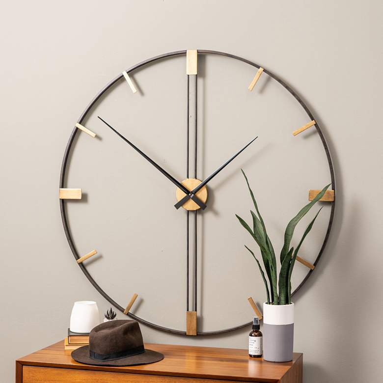 Image 1 Camden Distressed Black Shiny Gold 41 1/4" Round Wall Clock