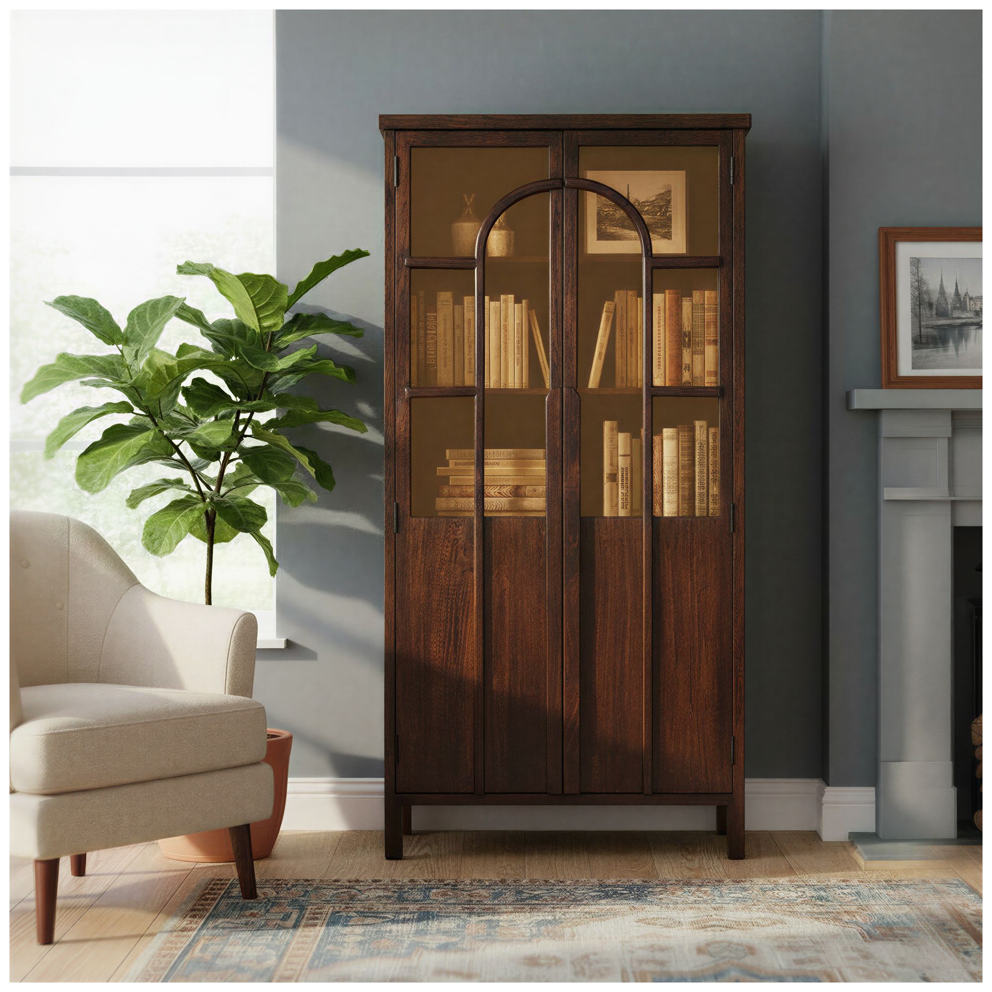 Image 2 Camden Mango Wood Accent Curio Cabinet with Arched Windowpane Doors more views