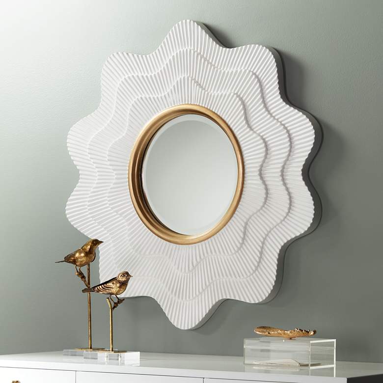 Image 1 Camellia White and Gold 35 inch x 35 inch Wave Wall Mirror