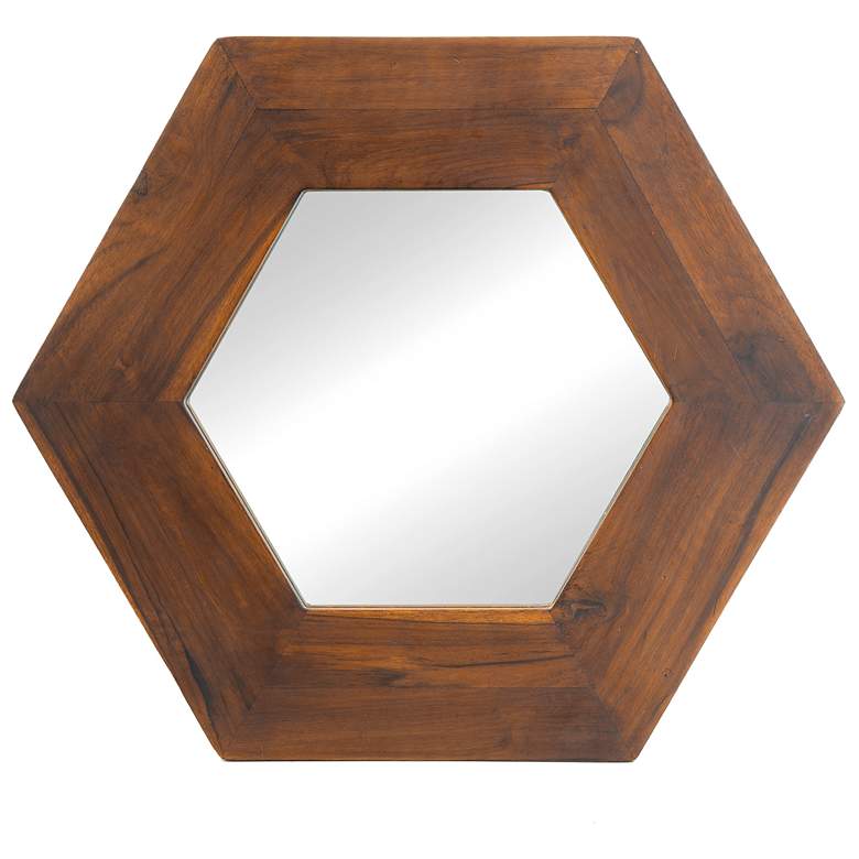 Image 1 Cameron 18.5" x 18.5" Dark Brown Teak Wood Hexagon Wall Mirror