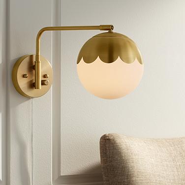 Camila 8 1/4" Brass and Glass Globe Plug-In Wall Lamp