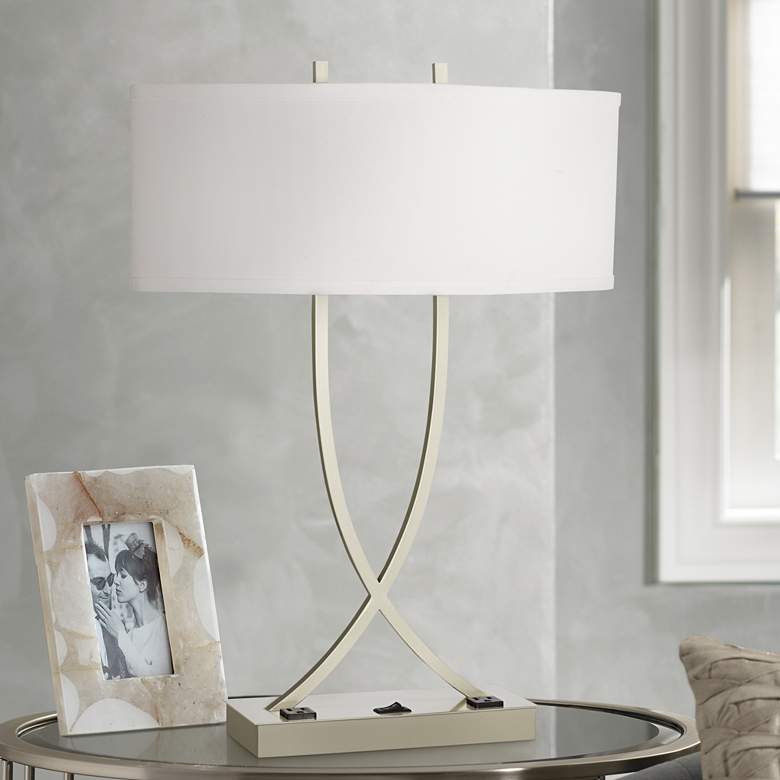 Image 1 Camille Crossed Base Brushed Silver Finish Lamp with Convenience Outlets
