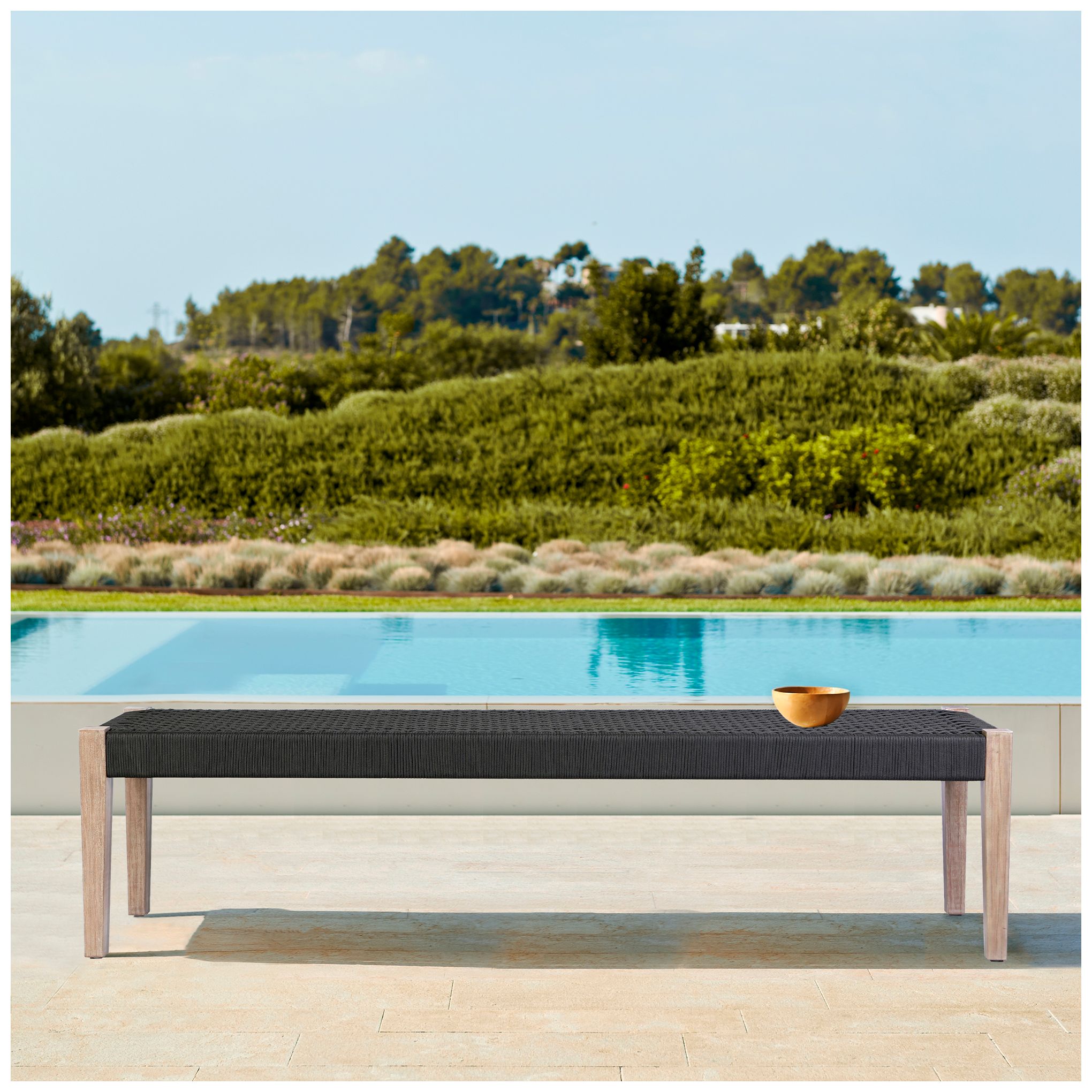 Camino Indoor Outdoor Dining Bench in Eucalyptus Wood and Charcoal Rope