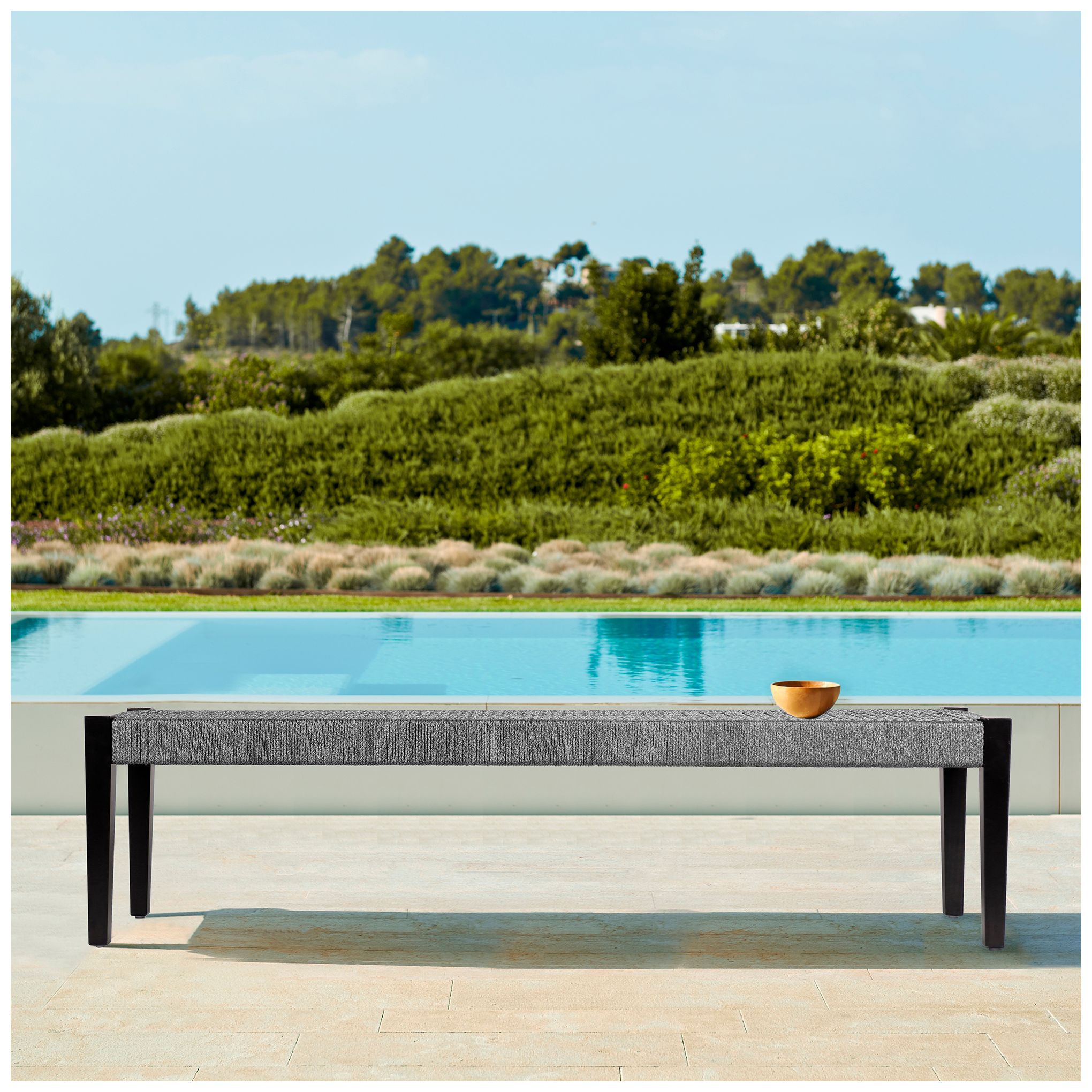 Camino Indoor Outdoor Dining Bench in Eucalyptus Wood and Grey Rope