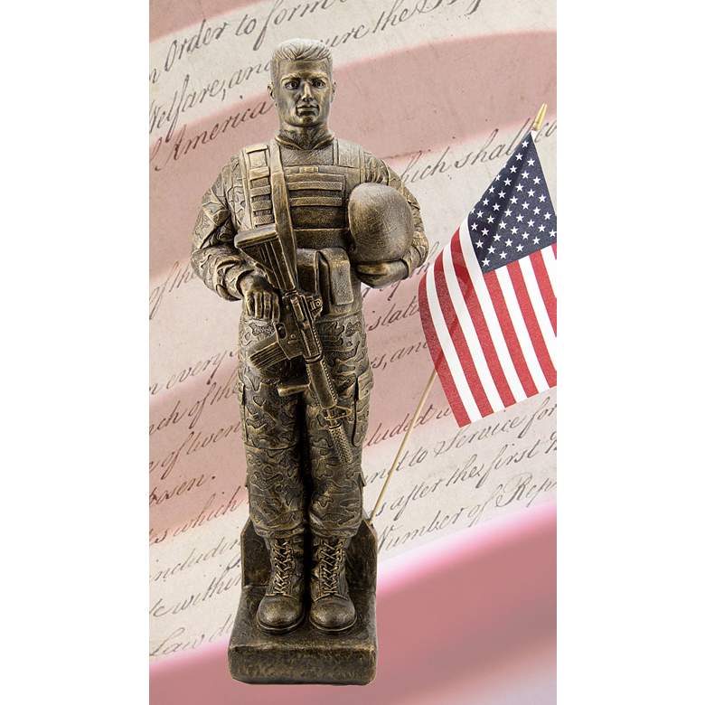 Image 1 Camo Soldier 30 inch High Bronze Outdoor Statue with Flag