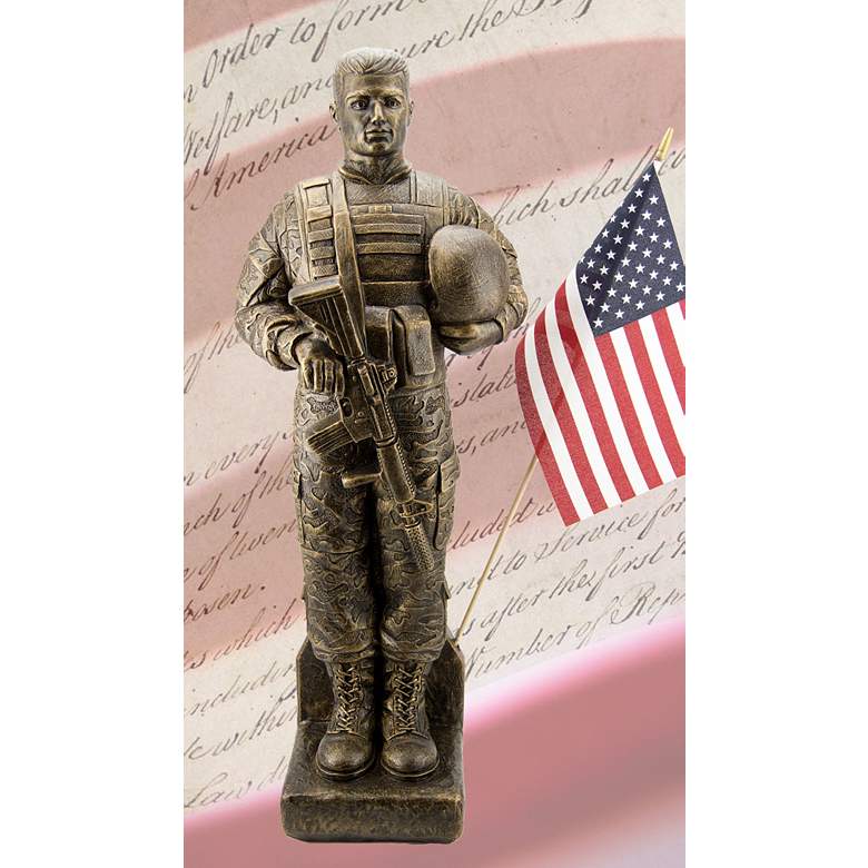Image 1 Camo Soldier 30" High Bronze Outdoor Statue with Flag